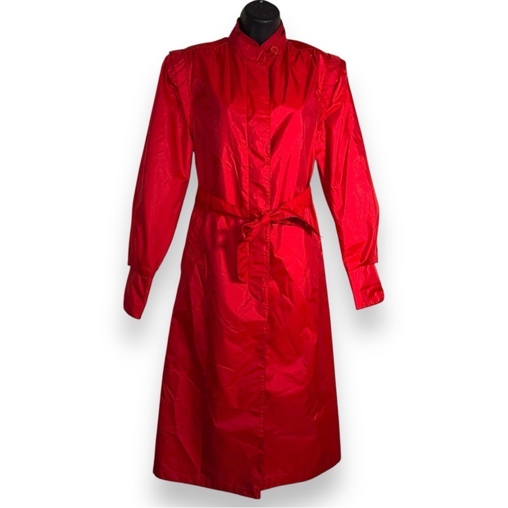 VINTAGE SIZE 6 PETITE RED TRENCH RAIN COAT VIBRANT BELTED LONG SLEEVE